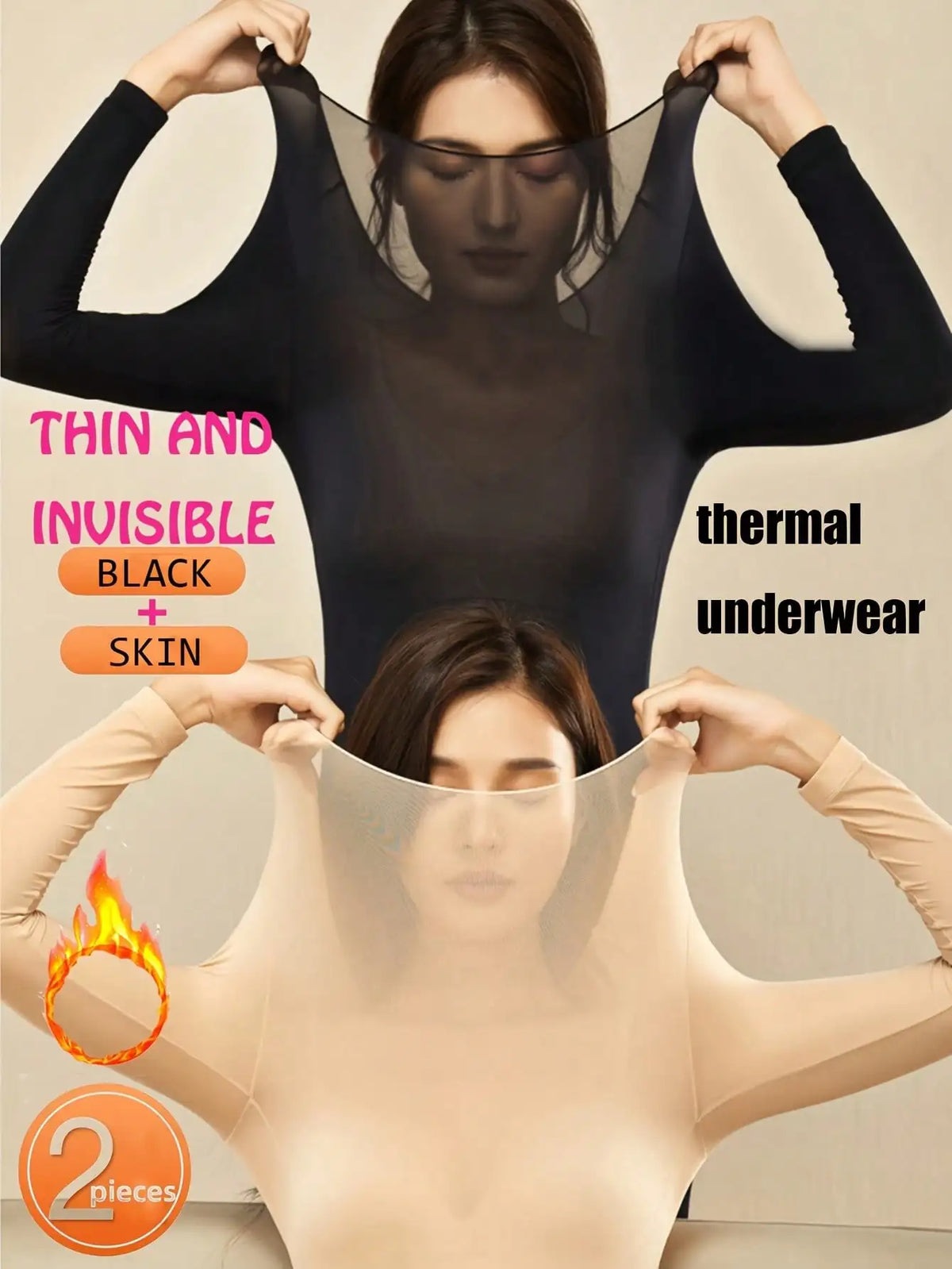 2 Pcs Women's Seamless Ultra-Thin Thermal Underwear - Soft & Comfy Long Sleeve Round Neck Top Perfect For Lingerie & Sleepwear