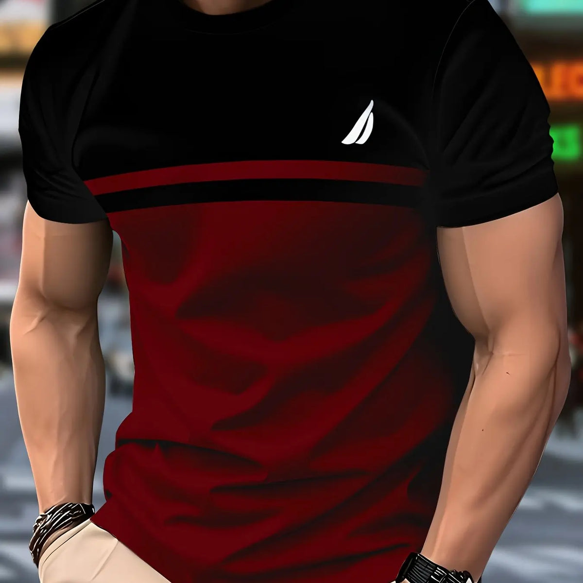 Men'S Novelty 3D Crew Neck T-Shirt,Casual Polyester Knit Fabric with Slight Stretch,Regular Fit,with Striped Pattern,