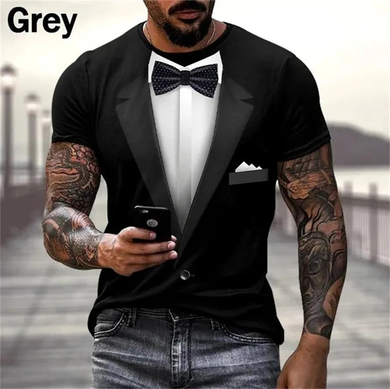 Mens Summer Fashion 3D Printed T-shirts Funny Fake Suit Cosplay Short Sleeve Casual Crew Neck Tops Tees Hombre Ropa New T Shirt