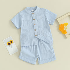 Kids Baby Boys Summer Cotton Linen Solid Short Sleeve Buttons Tops and Elastic Waist Shorts Set 2Pcs Infants Clothing