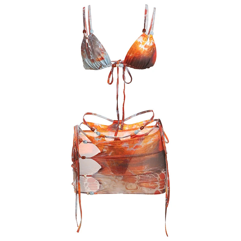 Whatiwear Sexy Colorful Bikini 3 Piece Set Women Pearls Patchwork Bra Tops+Shirring Briefs+Hollow Skirts Beach Style Outfits