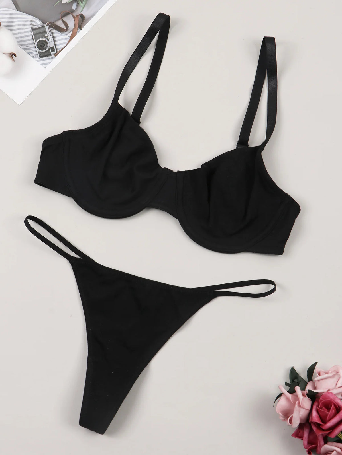 Women's Solid Color Sexy Underwear No Padded  Bra With Low-Rise Thong  Ladies Comfortable Lingerie Set