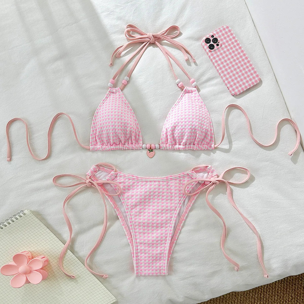 Sexy Pink Plaid Bikinis Sets Women Bead String Strap Push Up Drawstring Side Thong Swimsuit 2025 Beach Bathing Suit Swimwear