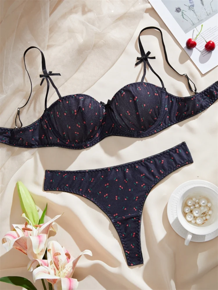 Lingerie Cute Cherry Print Bra Panty Sets Girl Beautiful Bow Sexy Lingerie Three-Point Underwear Intimate Sexy Female Lingerie