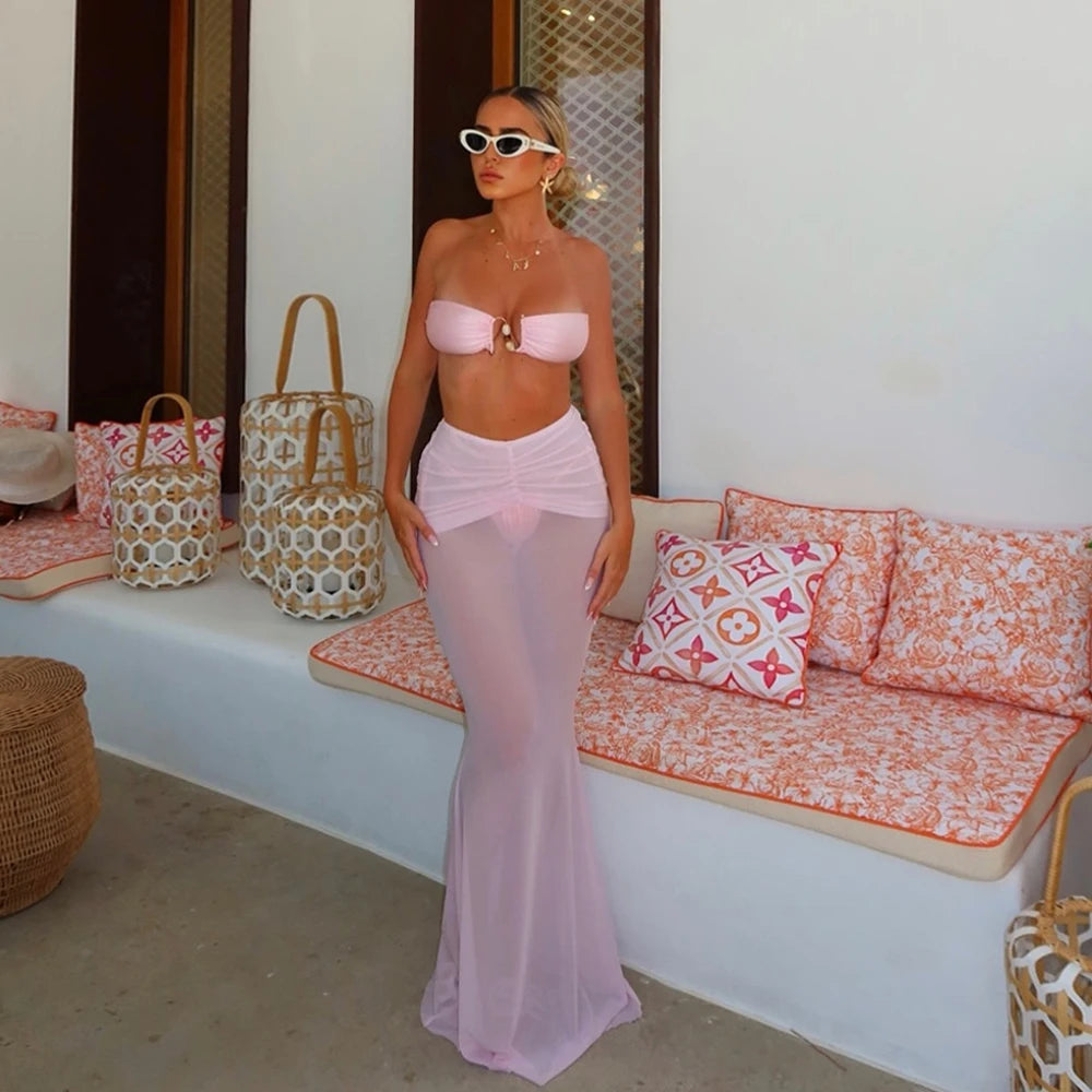 3 Pieces Bikini Set Solid Long Skirt Women Swimwear 2024 Sexy Bikinis Bandeau Beachwear Bodysuit Micro Thong Biquini Female