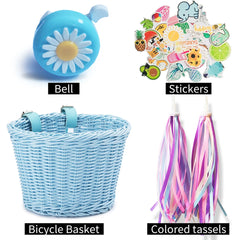Kids Bicycle Basket+Bell+Tassel+Stickers Set Kids Front Handlebar Rattan Handwoven Bike Basket Cycling Accessories