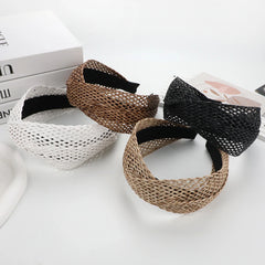 Bohemian Beach Straw Weaving Cross Knotted Headband Women Wide-brimmed Hand-woven Hair Hoop Travel Holiday Headdress Accessories