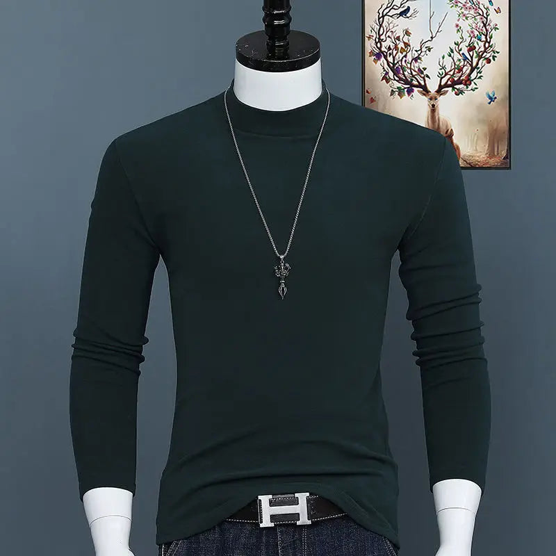 Luxury Korean Men's Oversized T-Shirt Solid Long Sleeve Base Shirt High Neck Slim Fit Tee for Autumn and Winter Plus Size Tops