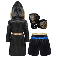 Kids Boys Boxing Training Outfit Long Sleeve Open Front Metallic Satin Robe Hooded Cloak with Athletic Shorts And Boxer Gloves