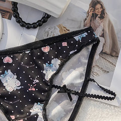 Cute Cat Print Cartoon Underwear for Women Low Waist Lace Bow Breathable Student Panties Cotton Crotch Seamless Briefs Lingerie