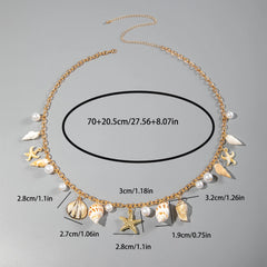 Docona Bohemian Sea Star Conch Waist Chain Women Summer Beach Party Shell Imitation Pearl Body Chain Holiday Accessories