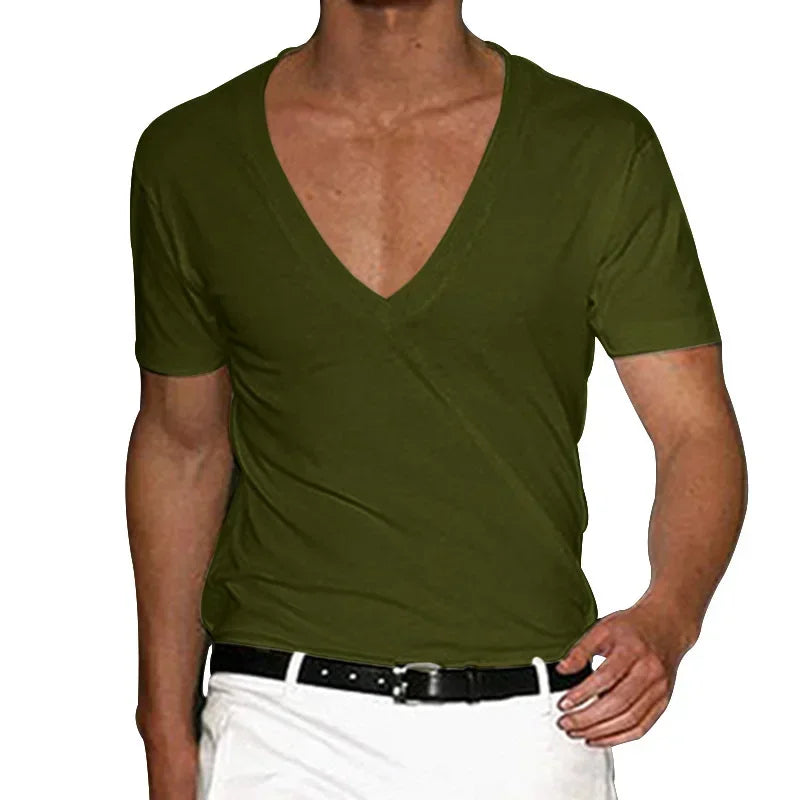 European and American Mens V Neck Sports T-Shirt Summer Cultivate One's Self Casual Solid Color Street Short Sleeve T-Shirt Top