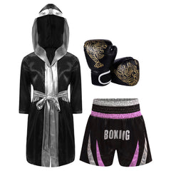 Kids Boys Boxing Training Outfit Long Sleeve Open Front Metallic Satin Robe Hooded Cloak with Athletic Shorts And Boxer Gloves