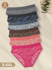 Set of 5 Women'S Low-Rise Seamless Underwear with Leopard Print, Featuring High Elasticity And Breathable Material.