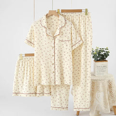 Women's Underwear Set Pure Cotton Summer Home Wear 3 Pieces Short Sleeve Sleepwear Women's Pajamas Female 2025 Lingerie