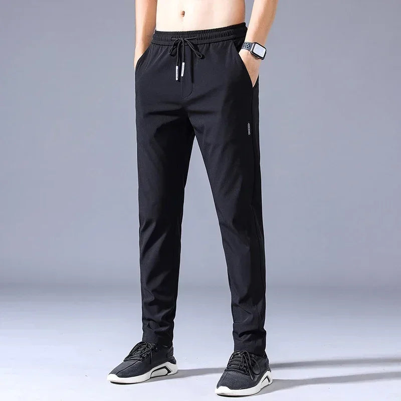Summer Men's Casual Pants Thin Soft Elasticity Lace-up Waist Solid Color Pocket Applique Korea Grey Black Work Trousers Male