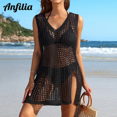 Anfilia Women Beach Cover Up Crochet Sexy Deep V-Neck Side Slit Sleevesless Hollow Out Dress Knitted Fashion Cover Up