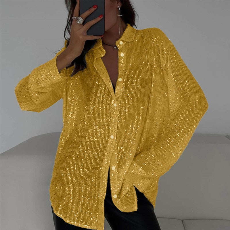 Elegant Women's Sequin Shirt - Stylish Long Sleeve Button-Up Blouse With Glitter Details, Perfect For Party & Casual To Formal Wear - kinko