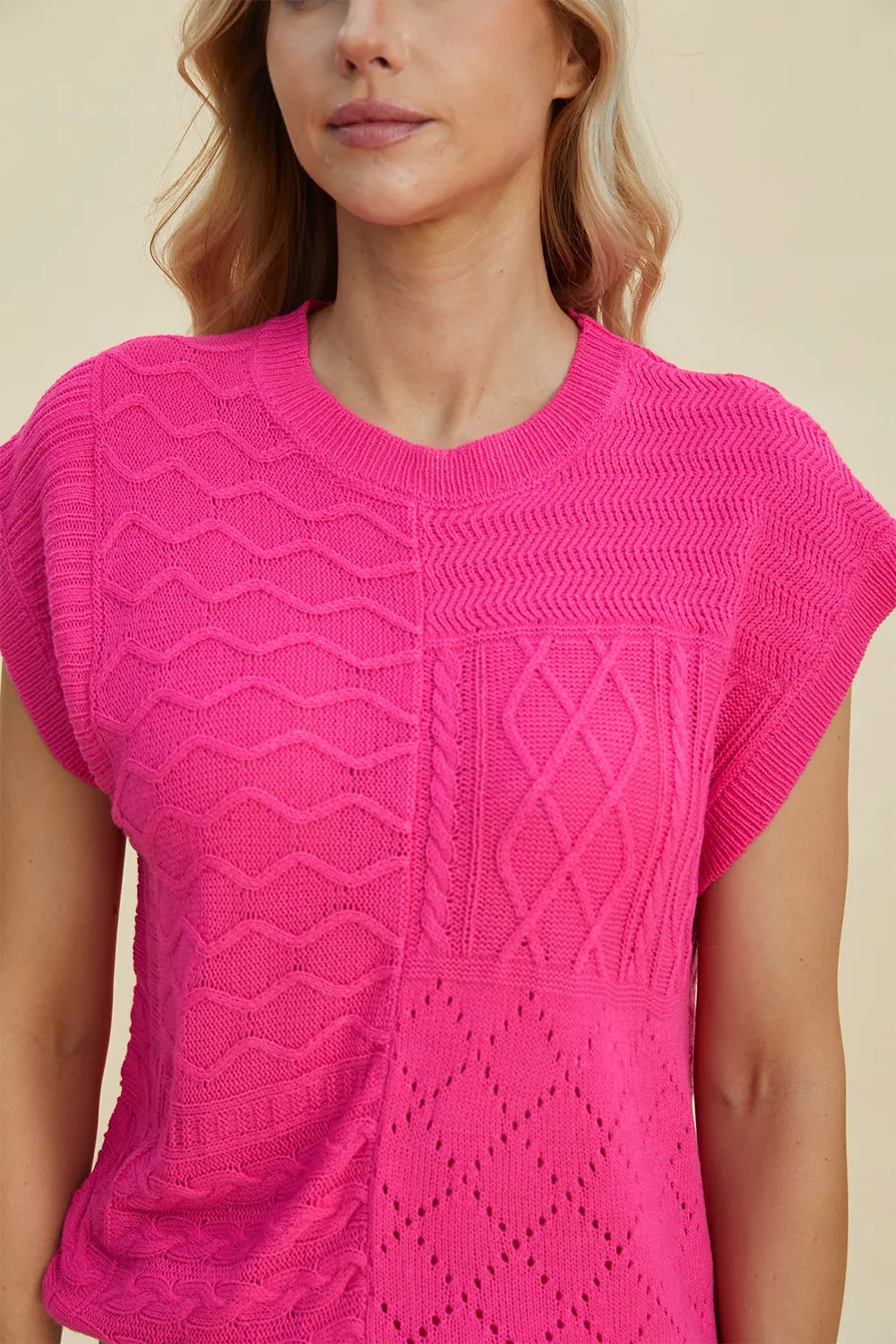 Double Take Full Size Cable-Knit Round Neck Cap Sleeve Sweater - kinko