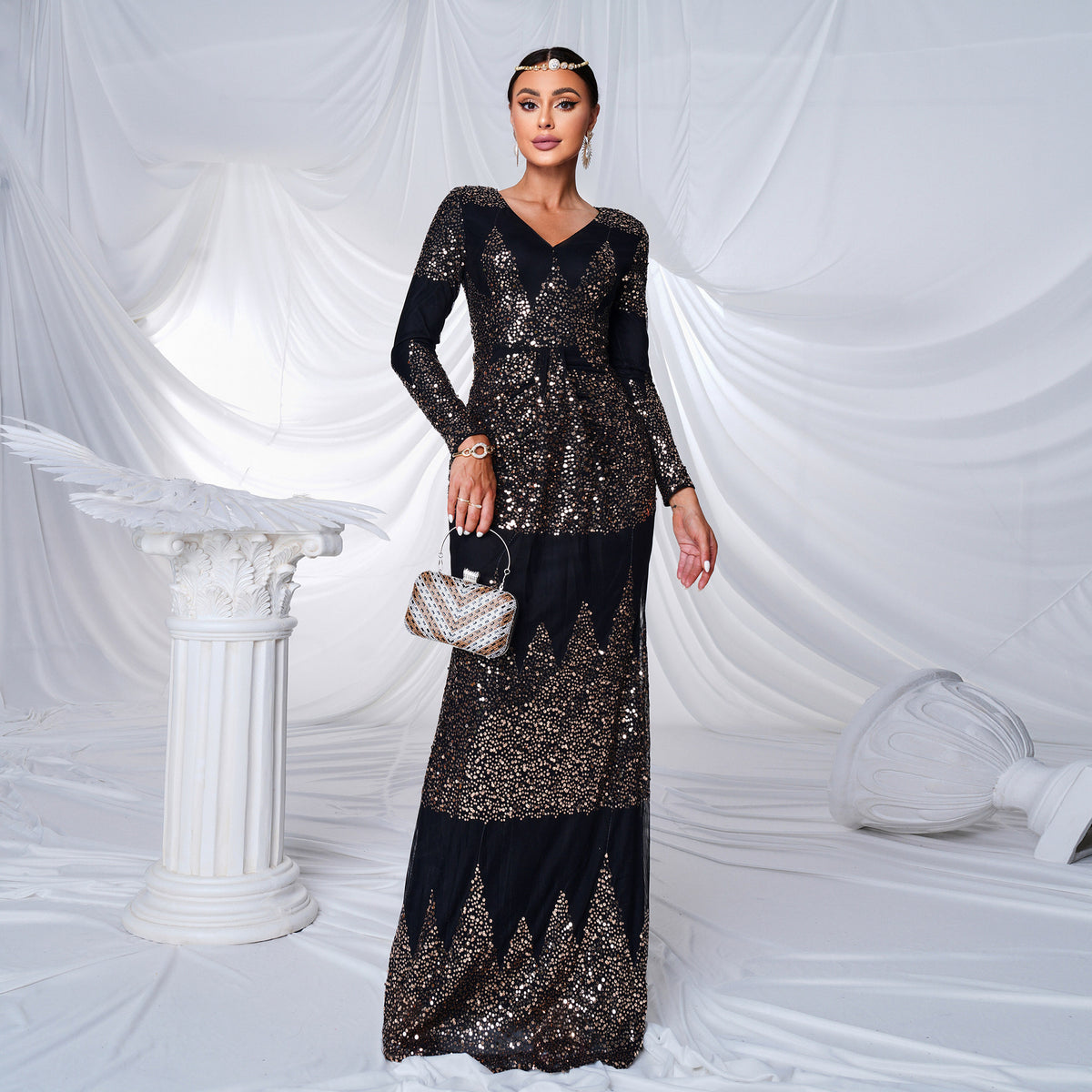 Long Sleeve V-neck Sexy Slim-fit Long Sequined Banquet Evening Dress - kinko