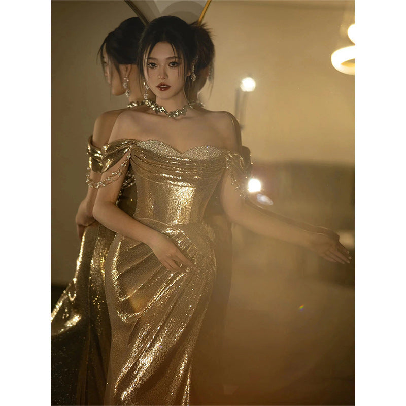 Gold Evening Dress Women's High-grade Sequined Off-shoulder Tube Top Toast Dress Bridal Fishtail Dress - kinko