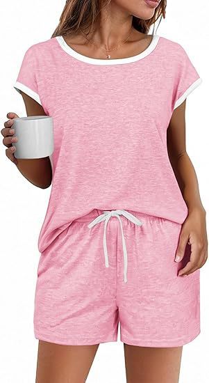 Short Sleeve Color-block Crew Neck Top Waist Drawstring Suit - kinko