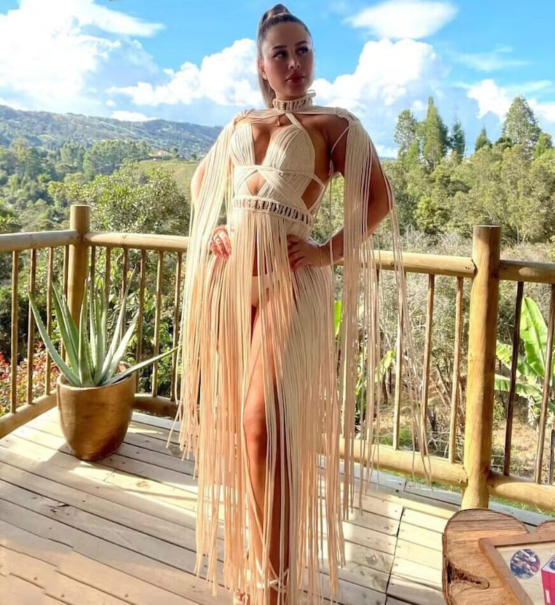 Women's Hand-woven Tassel Dress Creative Beach Travel Sexy Split Chest Wrap - kinko