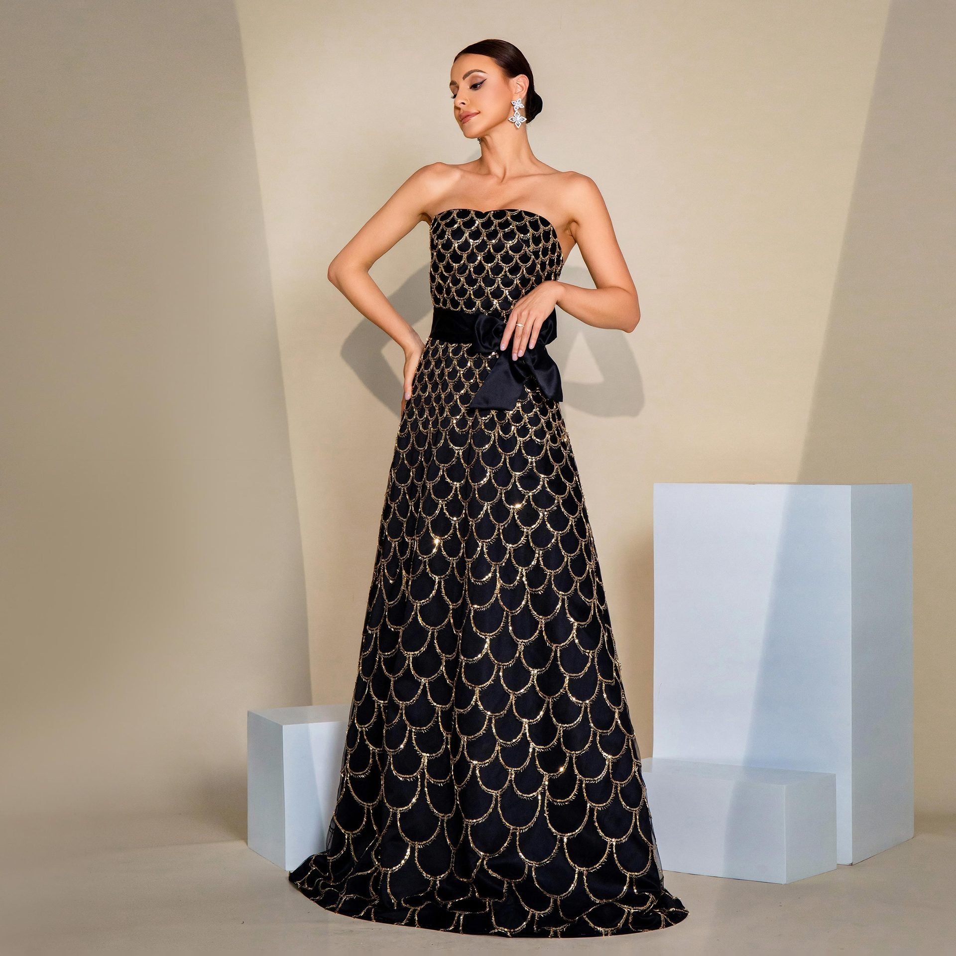Off-neck Wrapped Chest Nipped-waist Large Swing Sequined Evening Dress - kinko