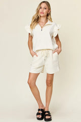 Double Take Full Size Texture Flounce Sleeve Top and Drawstring Shorts Set - kinko