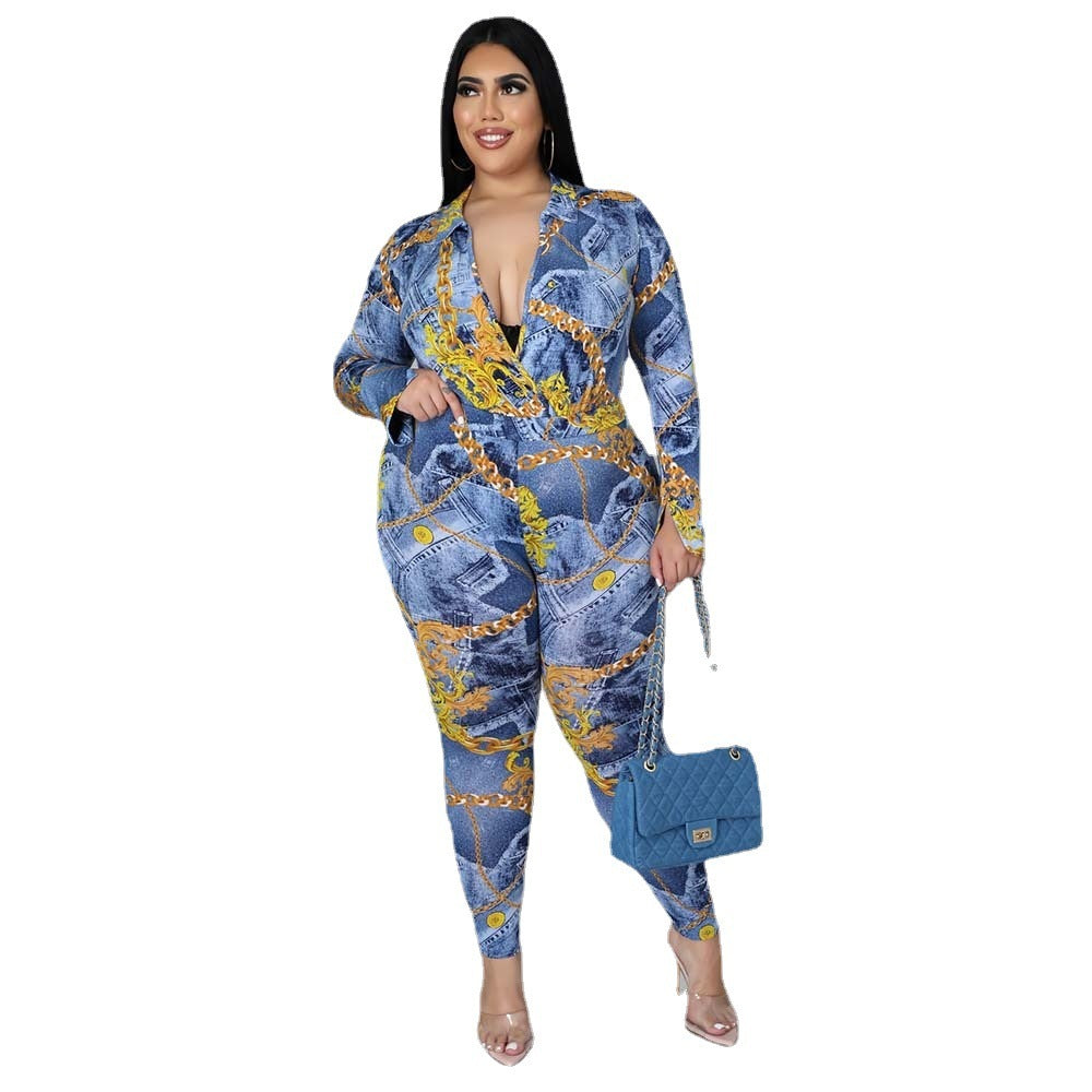 Plus Size Women's Autumn New Fashion V-neck Printed Shirt Trousers Suit - kinko