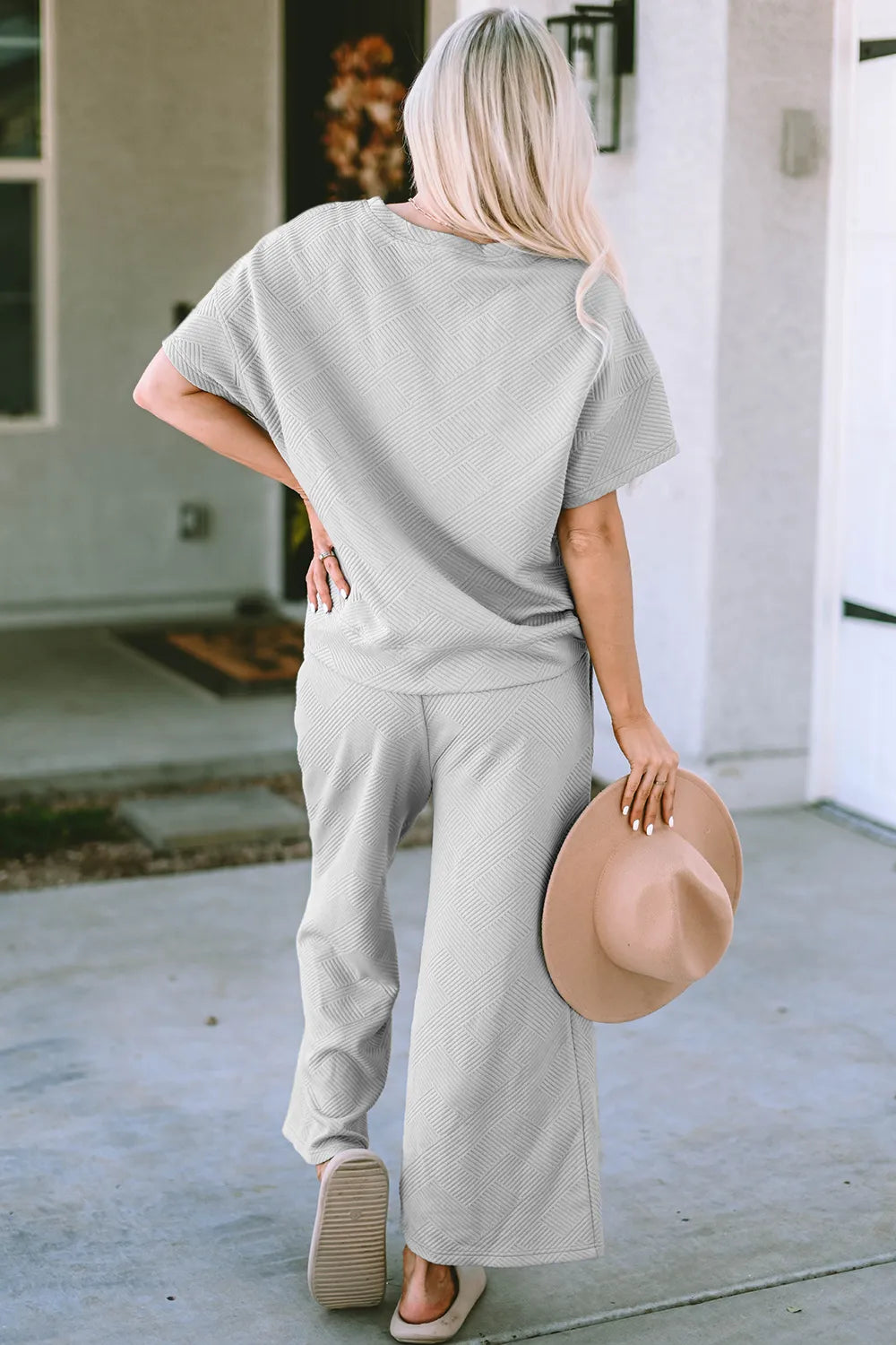 Double Take Full Size Texture Short Sleeve Top and Pants Set - kinko