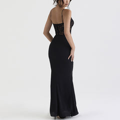 Lace High Waist Long Dress Deep V Strap Fishtail Gown - kinko