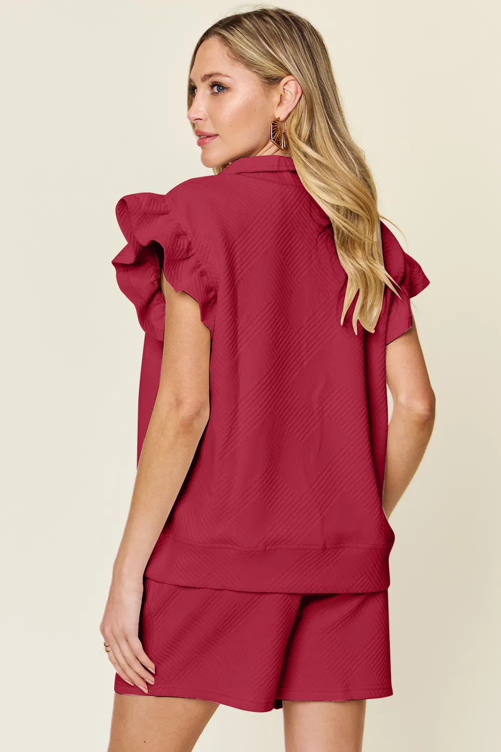 Double Take Full Size Texture Flounce Sleeve Top and Drawstring Shorts Set - kinko
