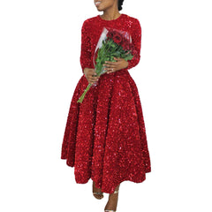 Women's Round Neck Long Sleeve Pure Color Sequins Mid-length Formal Dress - kinko
