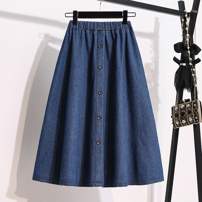 Plus Size Breasted Elastic Waist Blue Denim Skirt - kinko