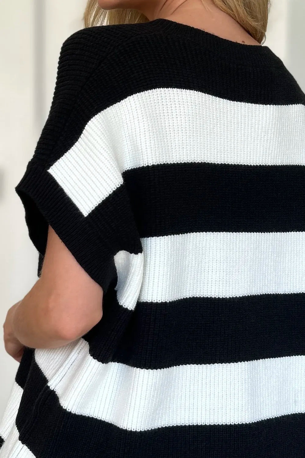 Double Take Full Size Striped V-Neck Short Sleeve Sweater - kinko