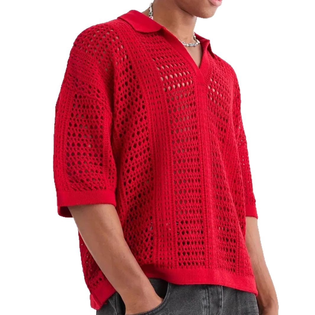 Hollow Mesh Texture Knitted Short-sleeved Polo Shirt - kinko