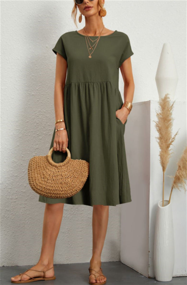 Summer Short-sleeved Dress With Pockets Fashion Solid Round Neck A-line Dresses For Women Clothing - kinko