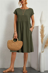 Summer Short-sleeved Dress With Pockets Fashion Solid Round Neck A-line Dresses For Women Clothing - kinko