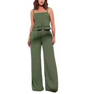 Sling Pure Color Ruffles Top Straight-leg Pants Fashion Suit - kinko