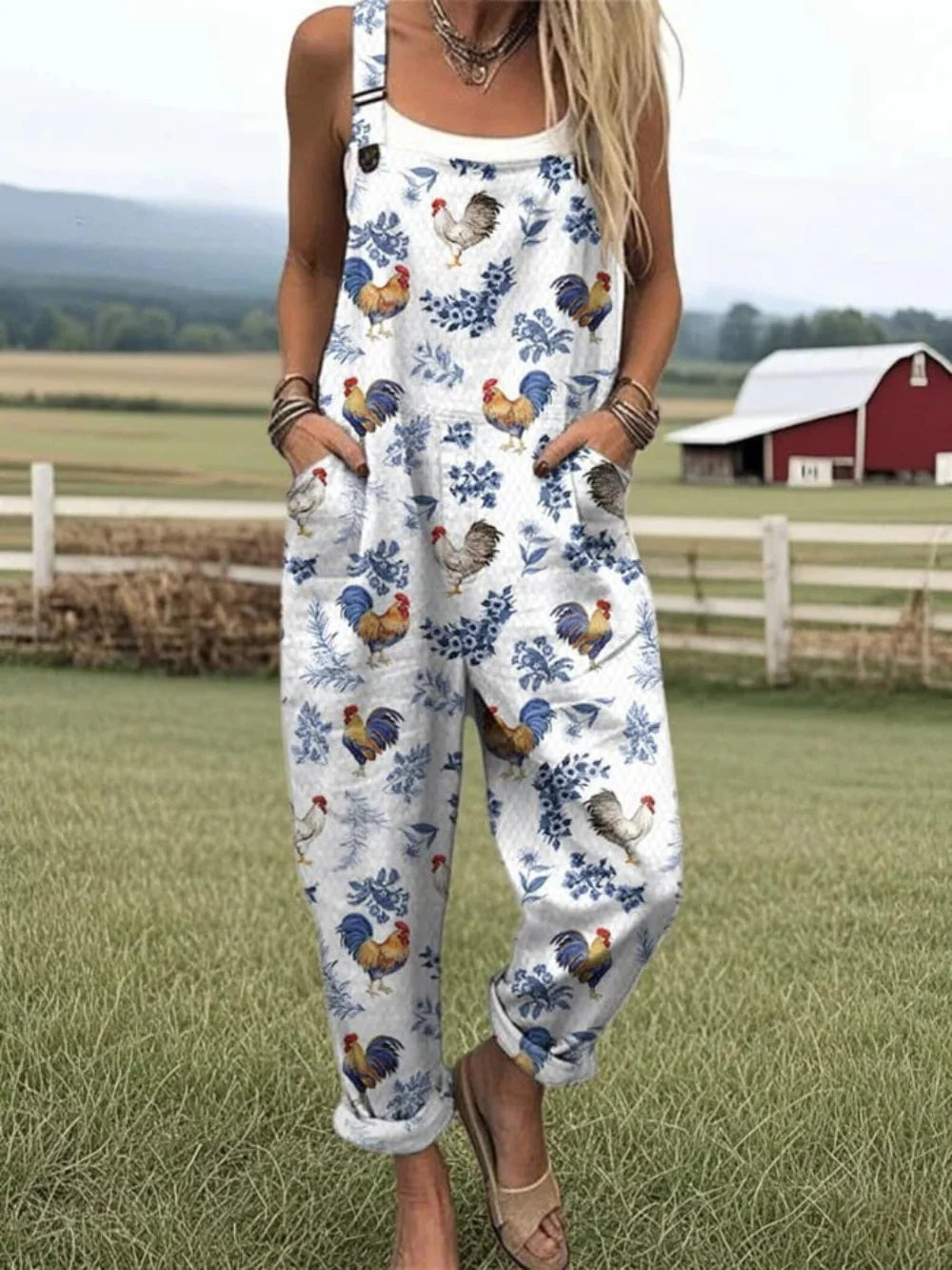 Women's Summer Digital Printing Button Casual Suspender Trousers - kinko