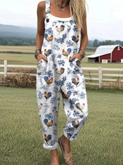 Women's Summer Digital Printing Button Casual Suspender Trousers - kinko