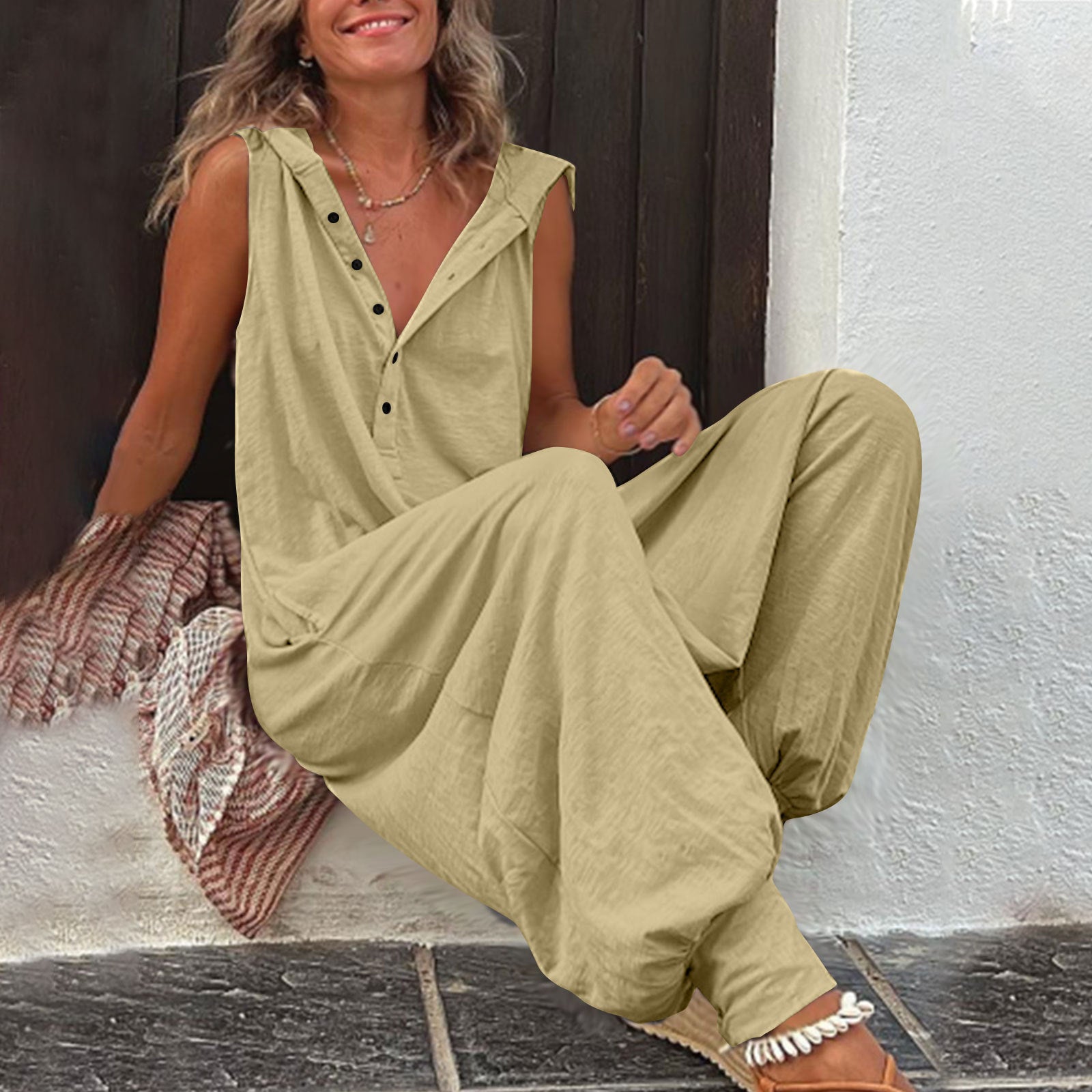 Hot Selling Button Up Hooded Sleeveless Pants In Stock, Jumpsuit With Pockets - kinko