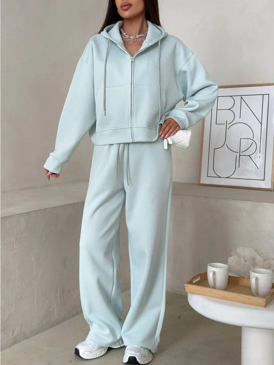 European And American Solid Color Long Sleeve Zipper Cardigan Hoodie Lace-up Trousers Two-piece Set - kinko
