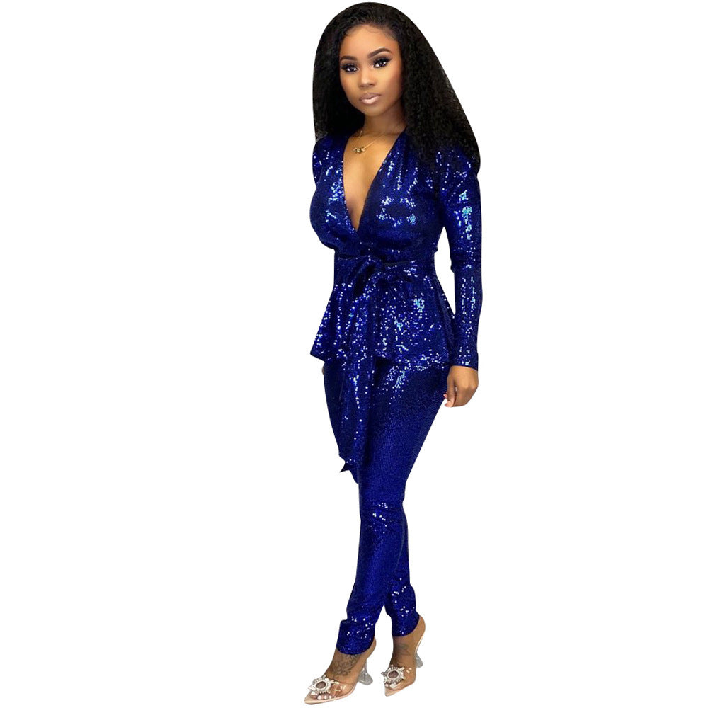 Women's Slim-fit Fashion Bronzing Long-sleeved Two-piece Suit - kinko