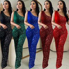 Women's Solid Color Sleeveless One-shoulder Sequined Trousers Jumpsuit - kinko