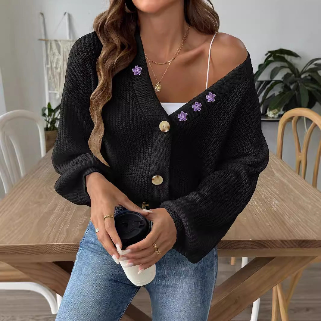 Embroidered Stickers Short Button Coat Sweater Cardigan - kinko