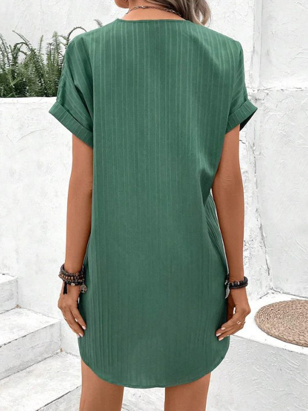 Fashion V-neck Short-sleeved Dress Casual Solid Strip Button Dresses Womens Clothing - kinko