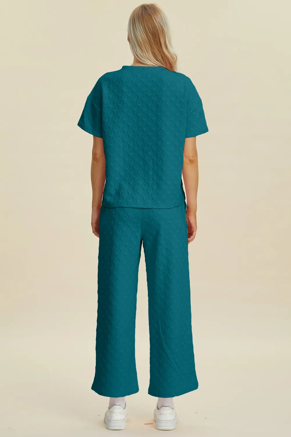 Double Take Full Size Texture Round Neck Short Sleeve Top and Pants Set - kinko