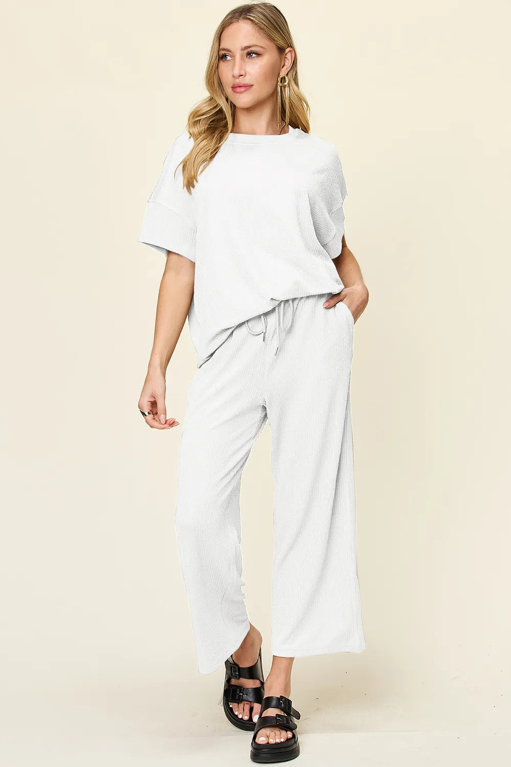 Double Take Full Size Texture Round Neck Short Sleeve T-Shirt and Wide Leg Pants - kinko